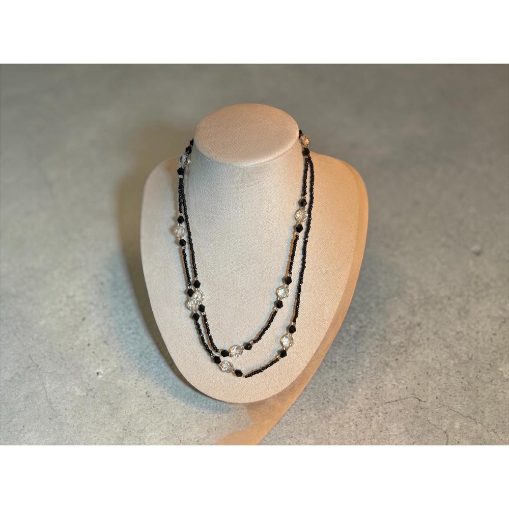 Long Black and Clear Faceted Beaded Strand Necklace Double Layer Opera Length